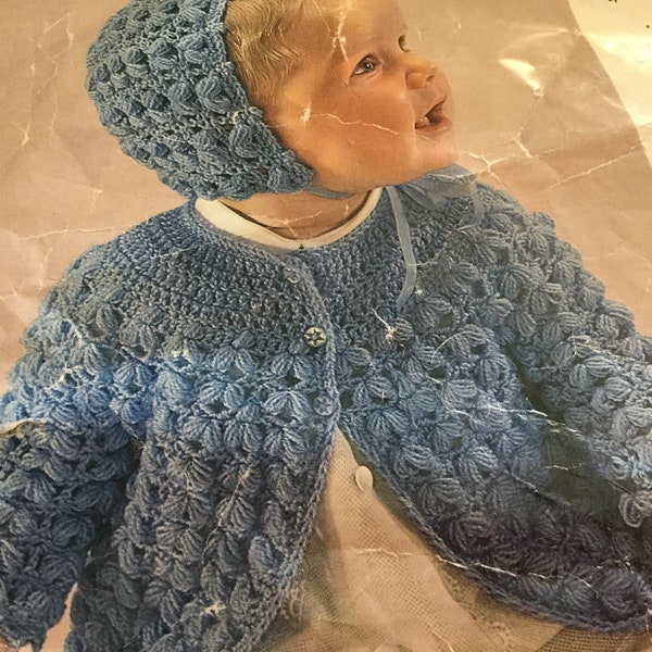 UK/EU SELLER Vintage pdf Crochet Pattern Girls loopy shell stitch matinee coat Matching Bonnet 4 Ply One size chest 20”(51cms)