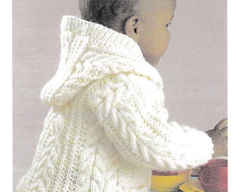 SPECIAL OFFER pdfVintage Knitting Pattern Snuggly Aran Jacket/Cardigan with collar or hood, pockets & side vents. Fits age 3mths to 8 years.
