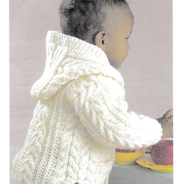 SPECIAL OFFER pdfVintage Knitting Pattern Snuggly Aran Jacket/Cardigan with collar or hood, pockets & side vents. Fits age 3mths to 8 years.