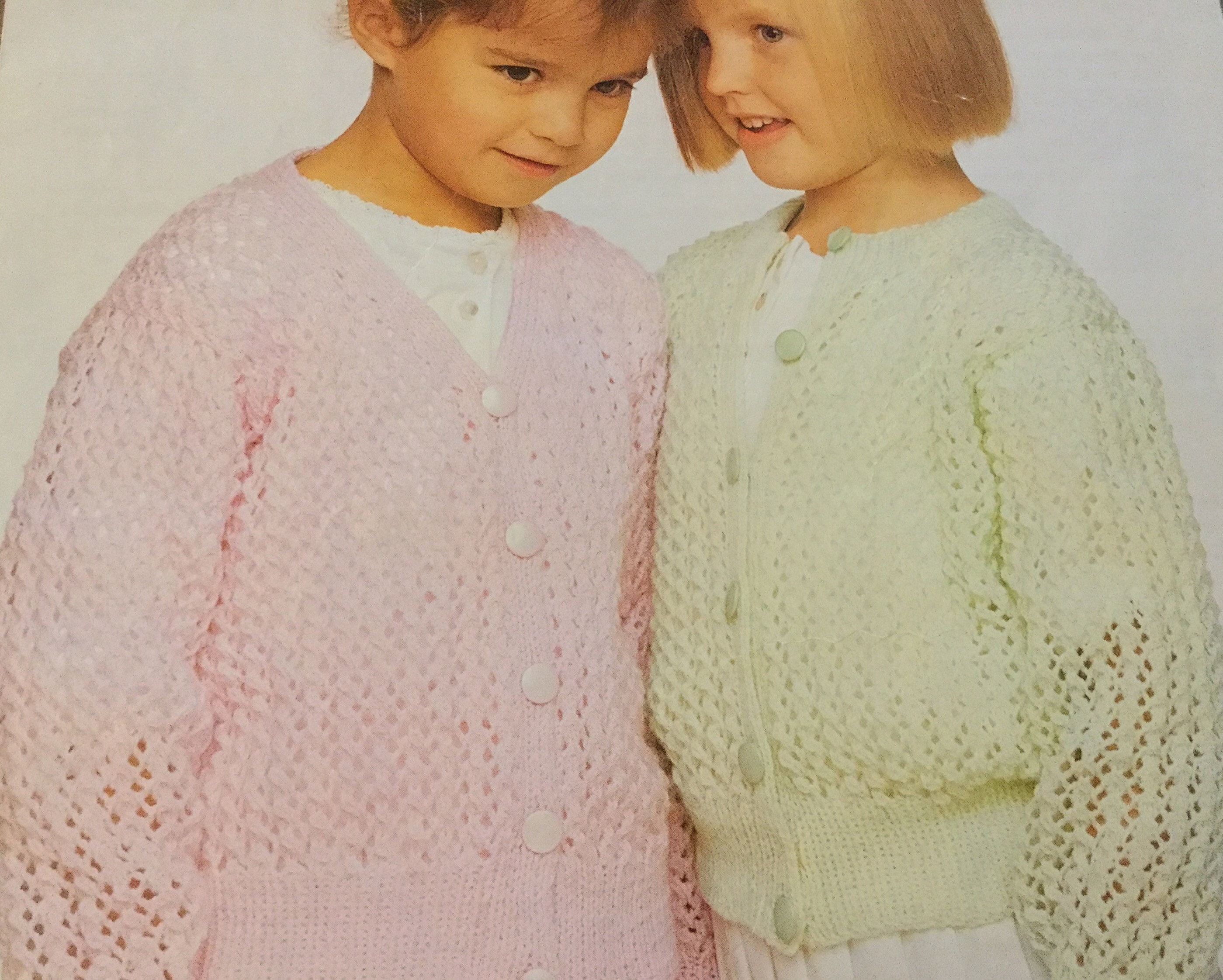 UK/EU SELLER Vintage pdf knitting pattern Girls/Toddler/Teens round /V-neck lacy cardigans Set-in sleeves Dbl Knit Chest 20-30”(51-76cms)