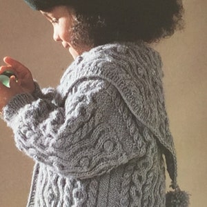 SPECIAL OFFER. Vintage pdf knitting pattern Childs Aran Coat with Large Collar & Pom Poms. Fits age 2/3 Chest 26.752968-74cms Advanced image 3