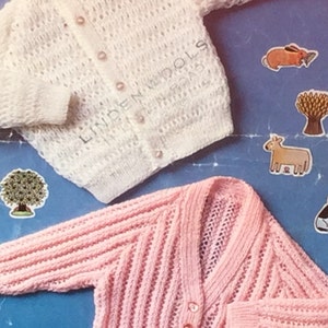 UK/EU SELLER Vintage Childs/Baby knitting pattern v-neck and round neck cardigans lacy pattern raglan sleeves. 4-ply. Chest 18-22&quot; (46-56cm)