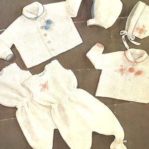 UK/EU SELLER Vintage pdf knitting pattern Jacket with collar pom-poms embroidery optional Legginettes with brace Bonnet Helmet 6/9-12/18mnth