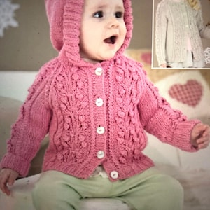 UK/EU SELLER Vintage pdf knitting pattern baby/kids/toddler dk hooded cardigan/round neck Aran style bobble pattern Chest 46-66cms(18-26”)