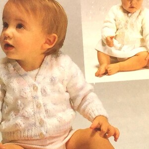 UK/EU SELLER Vintage pdf knitting pattern for 2  v-neck baby cardigans in eiffel stitch or bobble stitch Sirdar 3433. Dbl Knit. Chest 16-20&quot;