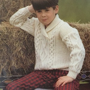 SPECIAL OFFER Vintage pdf Aran Childs/Infants/Toddlers/Teen knitting pattern Shawl Collar Sweater Traditional cables Chest 24-34"(60-85cms)