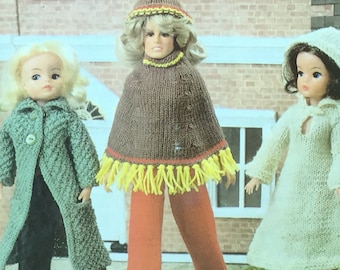 UK/EU SELLER Vintage Fashion Dolls pdf Knitting Pattern Coat Poncho Trousers Hat Hooded Dress. 4 Ply. Fits Doll Height 10-31cms (10.5-12")