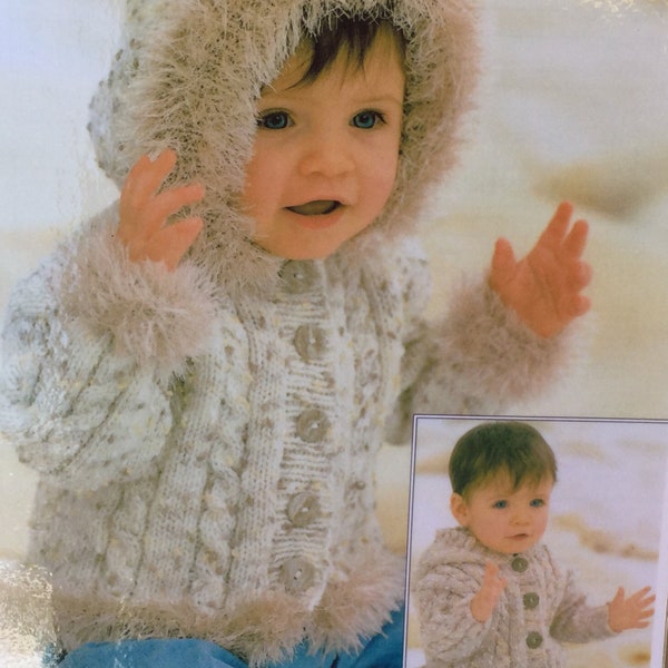 SPECIAL OFFER Funky Fur Ribs(optional) Dbl Knit Cable Hooded Jacket. Sirdar 1657. Fits 0-6years. Chest 16-26" (41-66cms) Suits Boy or Girl.