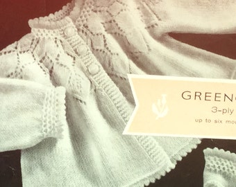 UK/EU SELLER Vintage pdf baby knitting pattern 3-ply diamond lace yoke matinee coat, picot edgings matching bootees. Fits chest 17-19&quot;.