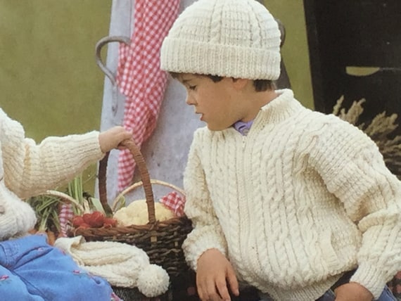 Uk Eu Seller Vintage Pdf Knitting Pattern Childs Infants Teens Aran Buttoned Zippered Cabled Jackets Bobble Hat Chest 24 34 60 85cms