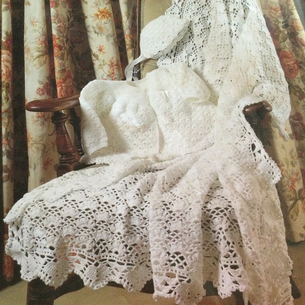 UK/EU SELLER Vintage pdf crochet pattern Heirloom Shawl Delicate lace Matinee Coat Bonnet 4Ply Fits Prem 12-20”(31-51cms)