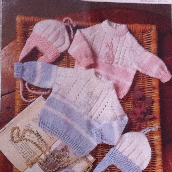 UK SELLER Vintage pdf Knitting Instructions baby girl/boy Sweater & matching earflap hats Peter Pan P877  Fits 12-22"(31-56cms) Prem-2/3yrs.