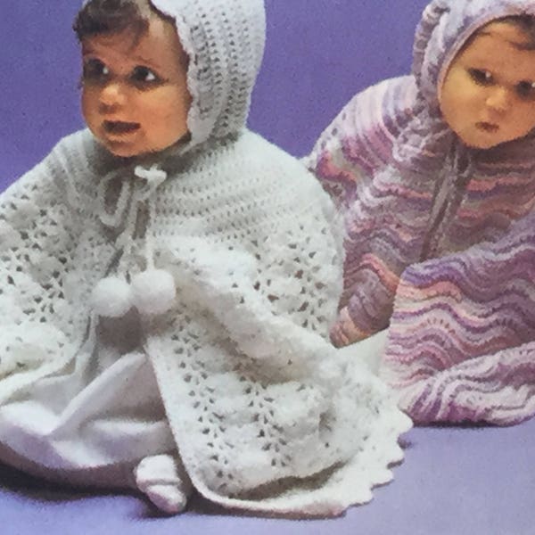 UK/EU SELLER vintage pdf dk knitting/crochet pattern Crochet cap shellstitch pixie hood pompons Knitted herringbone cap hood Jusqu'à 9 mois.