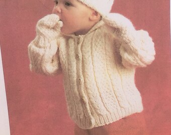 UK/EU SELLER Vintage Hayfield pdf knitting instructions Easy Aran Cardigan with collar, Hat & Mittens set. Fits chest 20-24" (51-61cms)