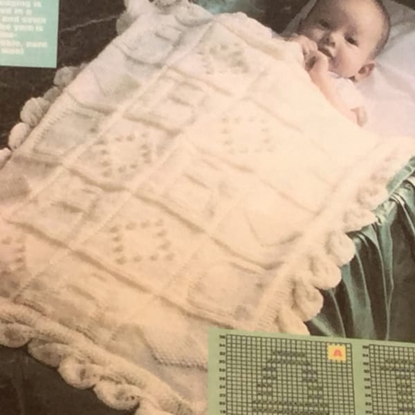 SALE - UK/EU seller Vintage Alphabet Heirloom Cot/Pram Blanket pdf Knitting Instructions. Measures app. 18.5"wide 23"deep exc. edgings. Baby