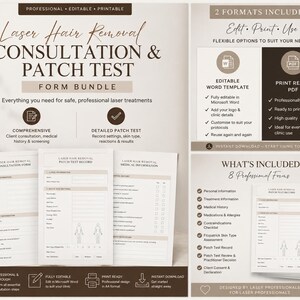 May include: A digital bundle of laser hair removal consultation and patch test forms. The documents feature sections for personal information, medical history, and treatment records. The set includes editable Word templates and print-ready PDF files.