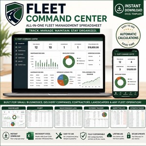 May include: A digital fleet management spreadsheet template displayed on a laptop and smartphone screen. The interface features a dashboard with charts, maintenance trackers, expense logs, and inspection tools, all labelled with text including Fleet Command Center.