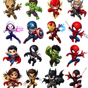 Op de afbeelding: Een verzameling van zestien superheldenillustraties in chibi-stijl met personages zoals Groot, Hulk, Flash, Thor, Spider-Gwen, Captain America, Iron Man, Spider-Man, Superman, Venom, Wolverine, Batman en Wonder Woman in dynamische houdingen.