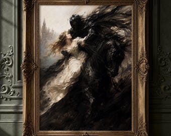 May include: A framed oil painting depicting a dark, armored figure on a black horse carrying a person in a flowing white gown. The scene features a castle in the background, rendered in dark, moody tones with dramatic brushstrokes and gold frame.