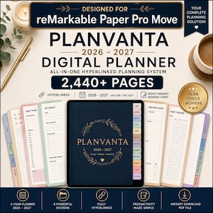 May include: A digital planner for reMarkable Paper Pro Move titled PLANVANTA 2026-2027. The dark blue cover features a gold leaf wreath and text. The system includes 2,440+ pages, hyperlinked tabs, daily plans, goal trackers, and habit trackers.