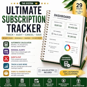 Pode incluir: Um planejador digital de rastreamento de assinaturas com 29 páginas PDF preenchíveis. O layout apresenta um painel com totais mensais e anuais, datas de renovação e economias. Inclui calculadora automática, alertas de renovação e ferramentas de auditoria.