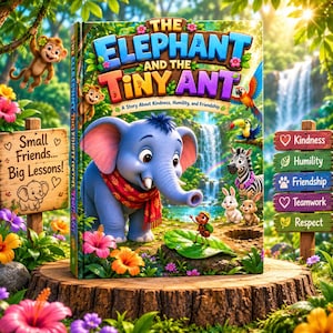 May include: A hardcover children's book titled The Elephant and the Tiny Ant, featuring a blue elephant, a tiny ant on a leaf, and various jungle animals. The cover includes the text Small Friends... Big Lessons! and a list of values.