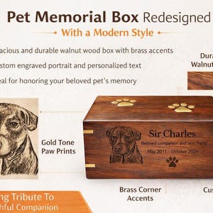 May include: A rectangular walnut wood pet memorial box featuring brass corner accents and two gold-tone paw prints on the lid. The front is engraved with a dog portrait, the name Sir Charles, a short tribute, dates, and a small paw print icon.