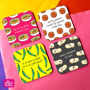 Set Of 4 Funny Indian Food-Inspired Coasters - Indian, Novelty, Birthday, New Home Gift Coaster Set