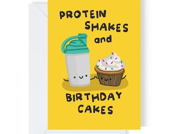 Protein Shakes und Geburtstagskuchen Karte