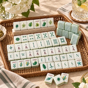 Puede incluir: Un juego de fichas de Mahjong con ilustraciones bot&aacute;nicas y florales verdes, caracteres chinos tradicionales y letras inglesas. Las fichas son blancas con detalles verdes, algunas marcadas como Joker, sobre una bandeja de mimbre marr&oacute;n.