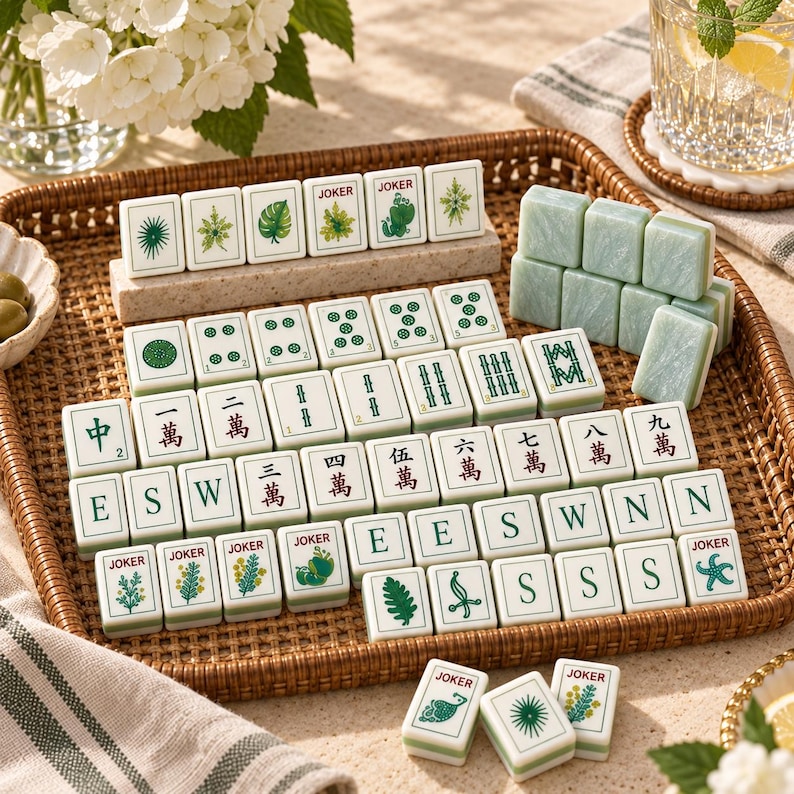 Puede incluir: Un juego de fichas de Mahjong con ilustraciones bot&aacute;nicas y florales verdes, caracteres chinos tradicionales y letras inglesas. Las fichas son blancas con detalles verdes, algunas marcadas como Joker, sobre una bandeja de mimbre marr&oacute;n.