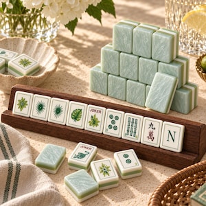 Puede incluir: Un juego de fichas de mahjong con reverso de color verde p&aacute;lido jaspeado y frente blanco con diversos dise&ntilde;os bot&aacute;nicos, num&eacute;ricos y de caracteres en verde. Incluye un soporte de madera oscura, fichas sueltas y fichas apiladas en rect&aacute;ngulo.