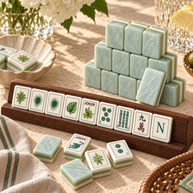 Puede incluir: Un juego de fichas de mahjong con reverso de color verde p&aacute;lido jaspeado y frente blanco con diversos dise&ntilde;os bot&aacute;nicos, num&eacute;ricos y de caracteres en verde. Incluye un soporte de madera oscura, fichas sueltas y fichas apiladas en rect&aacute;ngulo.
