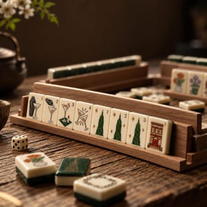 Puede incluir: Un juego de fichas de mahjong de color crema con el reverso verde, expuestas en soportes de madera. Las fichas presentan ilustraciones de cócteles, el Empire State Building y edificios, algunas con números. También se ve un dado blanco.
