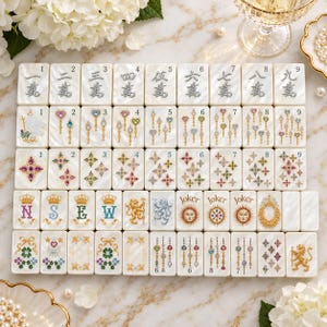 Puede incluir: Un conjunto de fichas de mahjong rectangulares con un acabado blanco nacarado. Las fichas presentan varios diseños, incluyendo números chinos, cetros coloridos, gemas en forma de estrella, coronas con letras, leones, caras de sol y motivos florales con cintas.