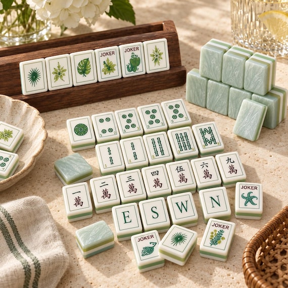 Luxury American Mahjong Set, Green Botanical Mahjong Tiles, Elegant Game Night Gift, Old Money Style Tabletop Game