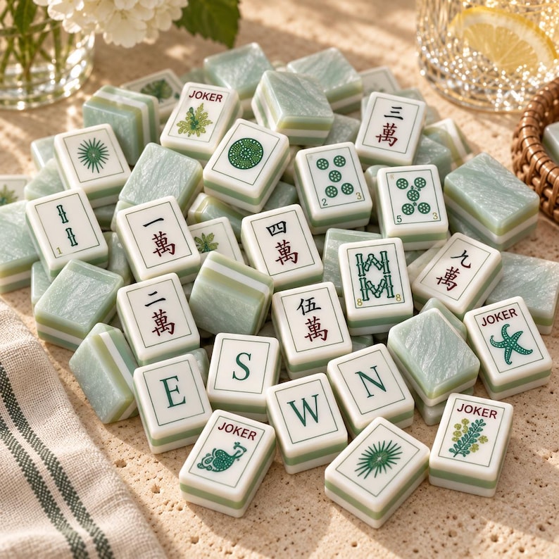 Puede incluir: Una colecci&oacute;n de fichas de Mahjong de color verde claro y blanco con varios s&iacute;mbolos, caracteres chinos y etiquetas Joker. Las fichas tienen una textura marmolada y est&aacute;n esparcidas, mostrando diversas marcas que incluyen E, S, W, N y n&uacute;meros.