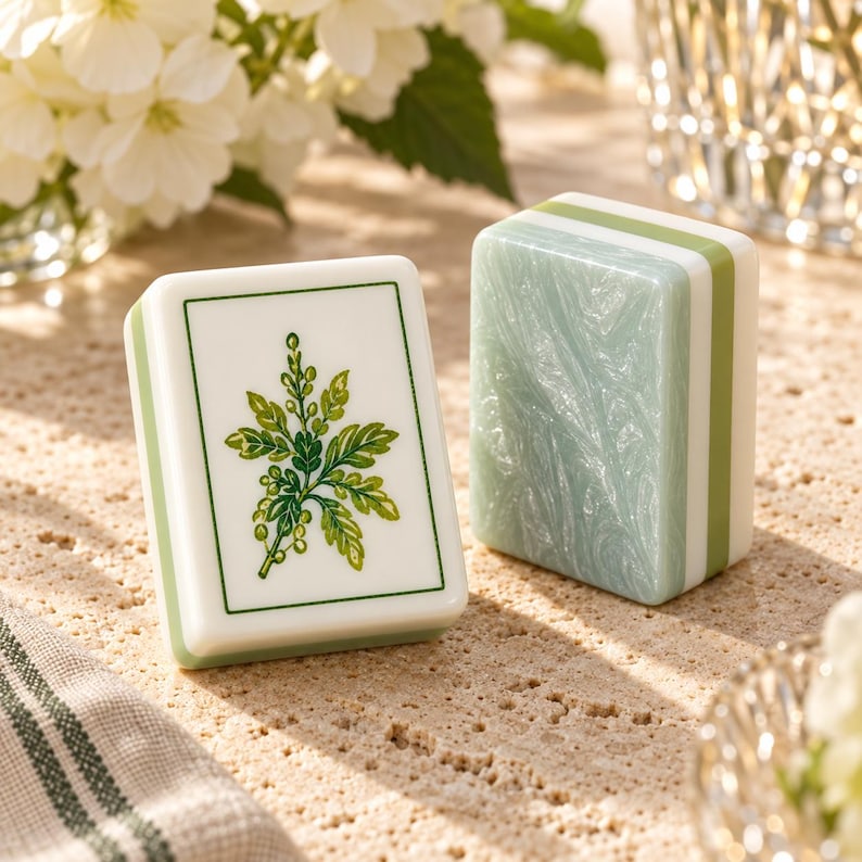 Puede incluir: Dos fichas de mahjong rectangulares con bordes redondeados. Una ficha presenta una cara blanca con una ilustraci&oacute;n bot&aacute;nica verde de una planta frondosa dentro de un borde verde fino. La otra ficha muestra un panel lateral verde claro nacarado.