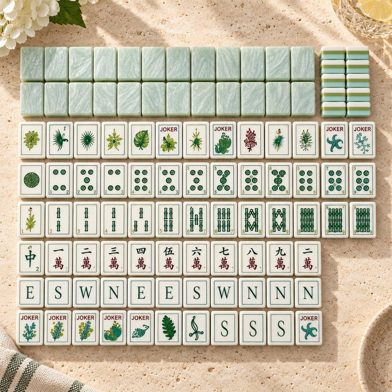 Puede incluir: Un juego de fichas de mahjong con diversos dise&ntilde;os, incluyendo ilustraciones bot&aacute;nicas verdes, n&uacute;meros, caracteres chinos, letras direccionales y etiquetas de Joker. Las fichas tienen una base blanca con detalles en verde y rojo.