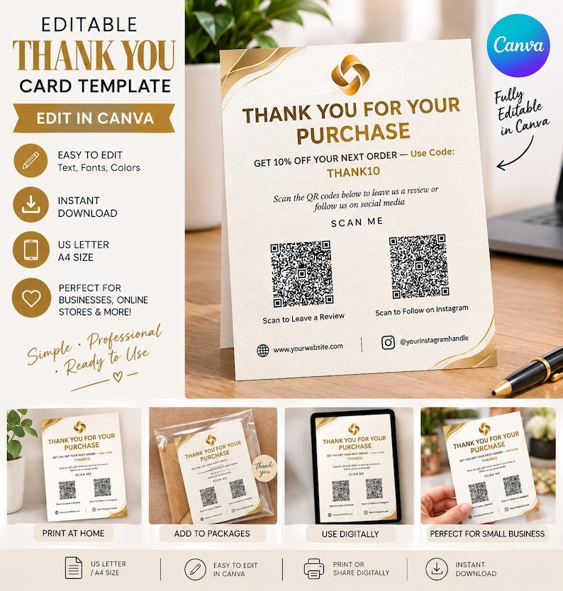 Editable Packaging Insert Template Canva, Business Thank You Card With ...