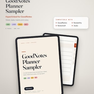 以下が含まれることがあります： GoodNotes用のデジタルプランナーサンプル。クリーム色のインターフェースに黒のセリフ体テキストが表示されています。画面には「GoodNotes Planner Sampler」のタイトル、Done、Later、Focus、Waitと書かれたナビゲーションボタン、および「Tap to start」ボタンがあります。