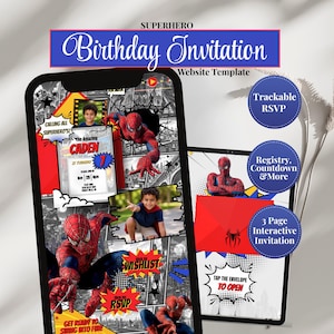 May include: A digital superhero birthday invitation website template displayed on two mobile screens. The design features comic book graphics, Spider-Man imagery, and text including "Birthday Invitation," "Caden," "Trackable RSVP," and "Tap the envelope to open."