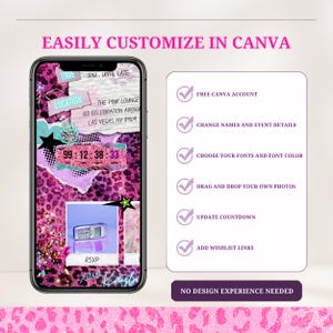 May include: A smartphone screen displays a digital invitation template with a pink leopard print background, a countdown timer, and text including "TIME 7PM - UNTIL LATE" and "LOCATION THE PINK LOUNGE 123 CELEBRATION AVENUE LAS VEGAS, NV 89109".