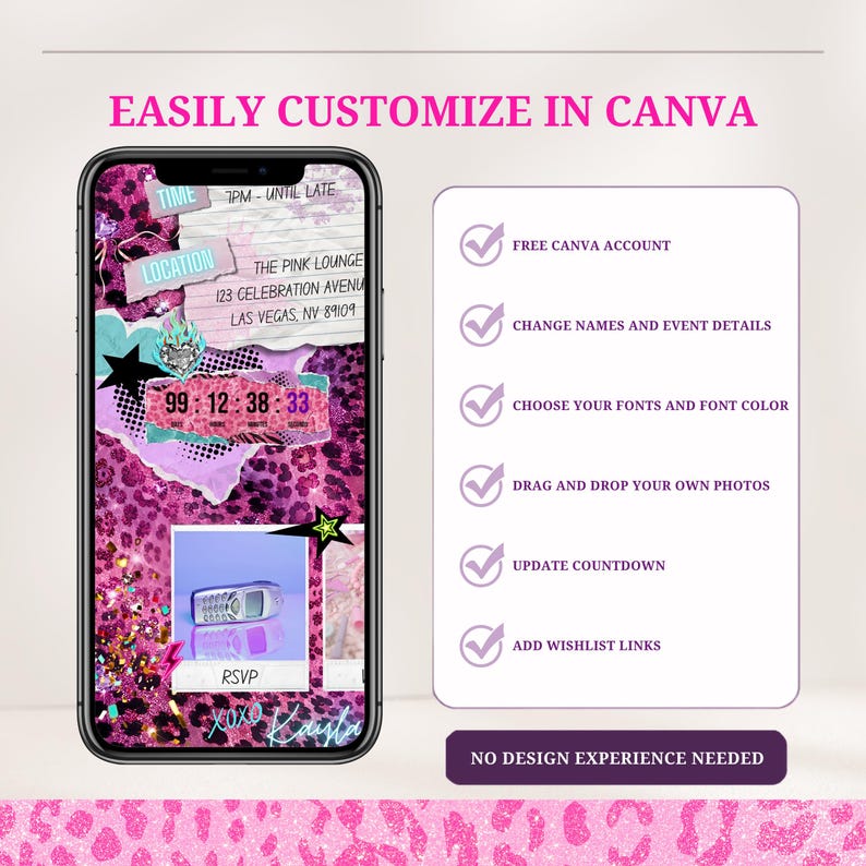 May include: A smartphone screen displays a digital invitation template with a pink leopard print background, a countdown timer, and text including "TIME 7PM - UNTIL LATE" and "LOCATION THE PINK LOUNGE 123 CELEBRATION AVENUE LAS VEGAS, NV 89109".