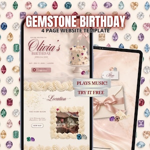 May include: A digital website template for a gemstone-themed birthday party displayed on a smartphone and tablet. The design features a cream-colored background with a cake, an envelope, and text including GEMSTONE BIRTHDAY 4 PAGE WEBSITE TEMPLATE.