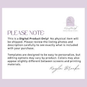 May include: A white digital product information card with purple text reading PLEASE NOTE: This is a Digital Product Only! No physical item will be shipped. Includes a logo for Forest Park Digital Design Studio and a signature by Kayla Brooke.