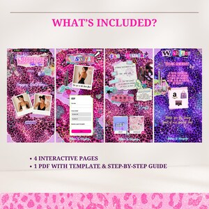 May include: A digital birthday invitation template set featuring four interactive pages with a vibrant pink and purple leopard print background. The design includes collage-style elements, photo frames, RSVP forms, and a wishlist section with text.