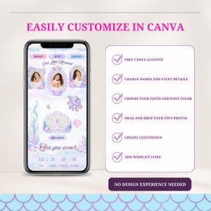 May include: A smartphone displaying a customizable digital invitation template with a mermaid theme, featuring pastel blue and purple underwater graphics, photo frames, and a countdown timer. Text includes EASILY CUSTOMIZE IN CANVA and NO DESIGN EXPERIENCE NEEDED.