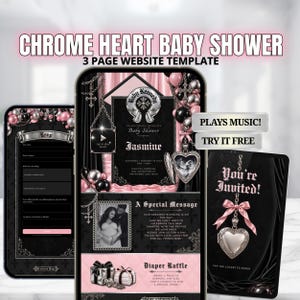 May include: A 3-page website template for a baby shower titled Chrome Heart Baby Shower. The design features black and pink color schemes, heart-shaped lockets, cross charms, and gothic-style typography. Includes RSVP and invitation pages.