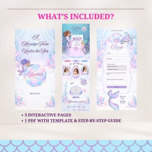 May include: Three digital interactive invitation pages with a mermaid theme, featuring pastel blue and purple underwater backgrounds, coral reefs, sea creatures, and text including A Message From Under the Sea, Mila's 6th Birthday, and RSVP.